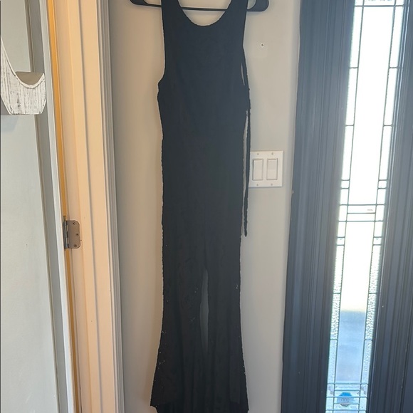 FREE PEOPLE Sz6 RISE & SHINE LACE JUMPSUIT FLARE BELL BOTTOM BLACK - Picture 3 of 8